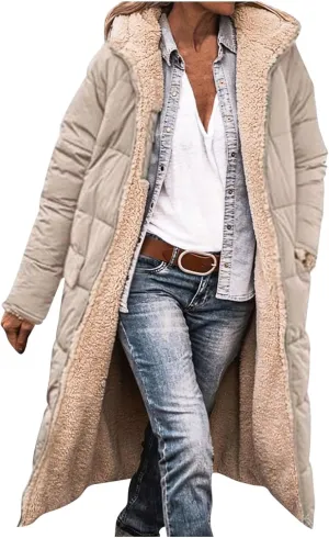 Women's Long Winter Coats Fleece Lined Reversible Hooded Puffer Jackets Windbreaker Full Zip Shearling Warm Down Coat