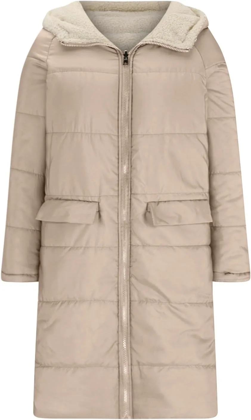 Women's Long Winter Coats Fleece Lined Reversible Hooded Puffer Jackets Windbreaker Full Zip Shearling Warm Down Coat