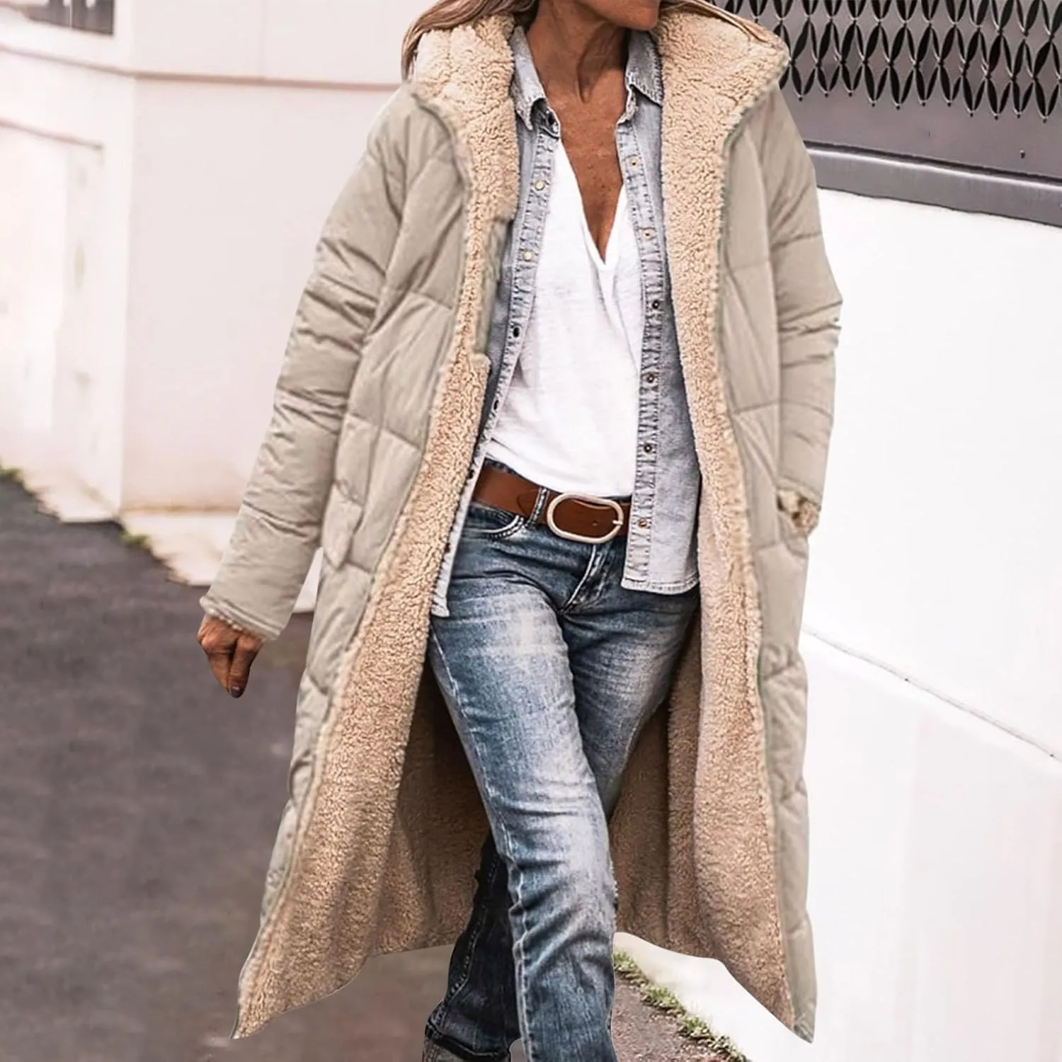Women's Long Winter Coats Fleece Lined Reversible Hooded Puffer Jackets Windbreaker Full Zip Shearling Warm Down Coat