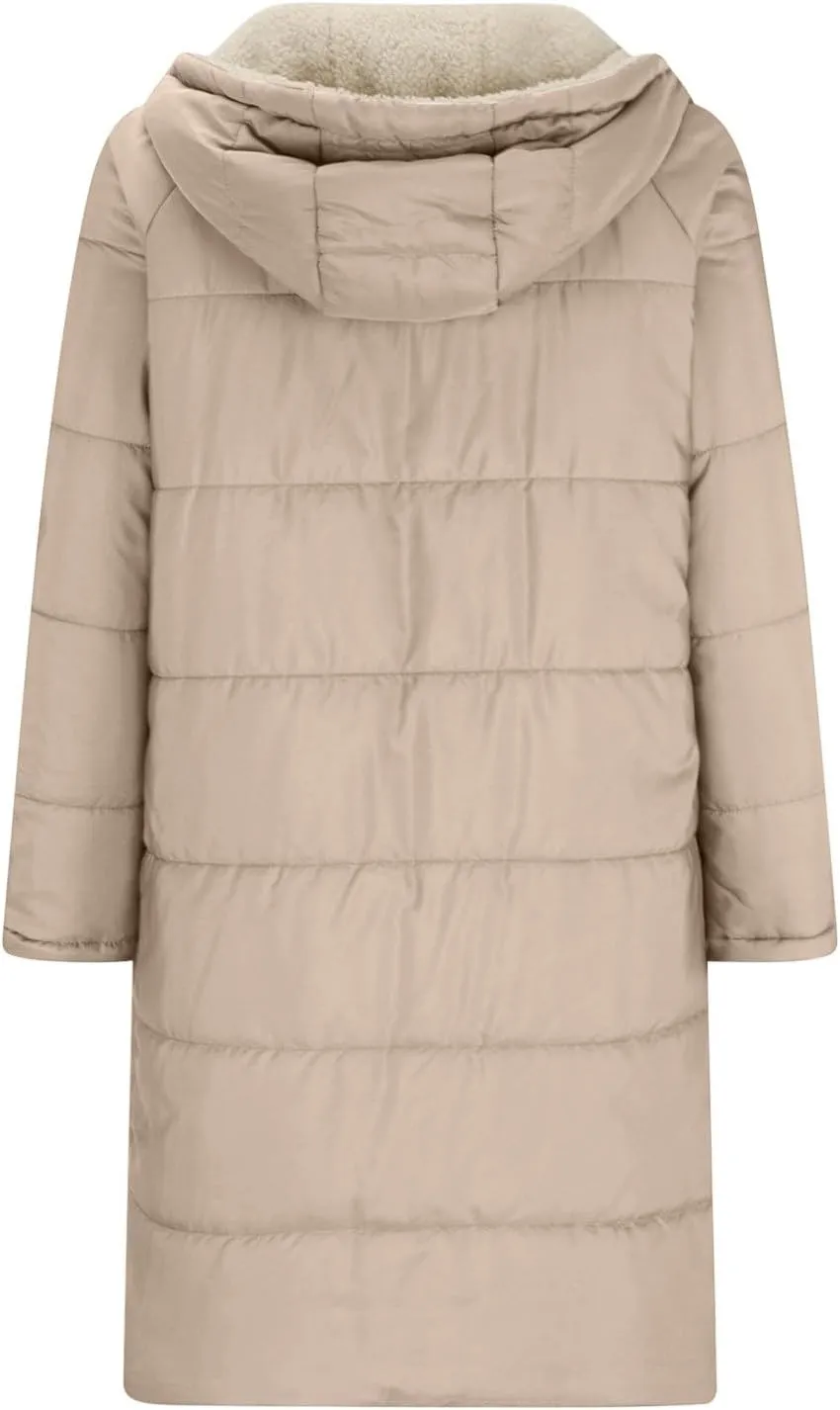 Women's Long Winter Coats Fleece Lined Reversible Hooded Puffer Jackets Windbreaker Full Zip Shearling Warm Down Coat