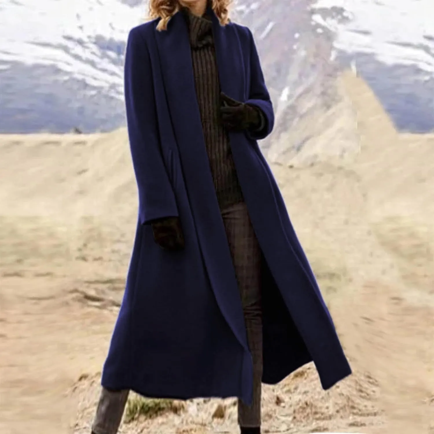Women's Long Winter Pea Coat Open Front Wool Blend Cardigan Overcoat Loose Lapel Trench Coats Classy Outerwear