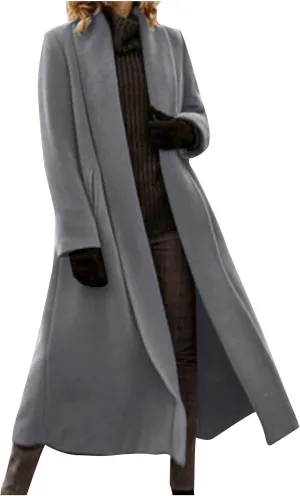 Women's Long Winter Pea Coat Open Front Wool Blend Cardigan Overcoat Loose Lapel Trench Coats Classy Outerwear