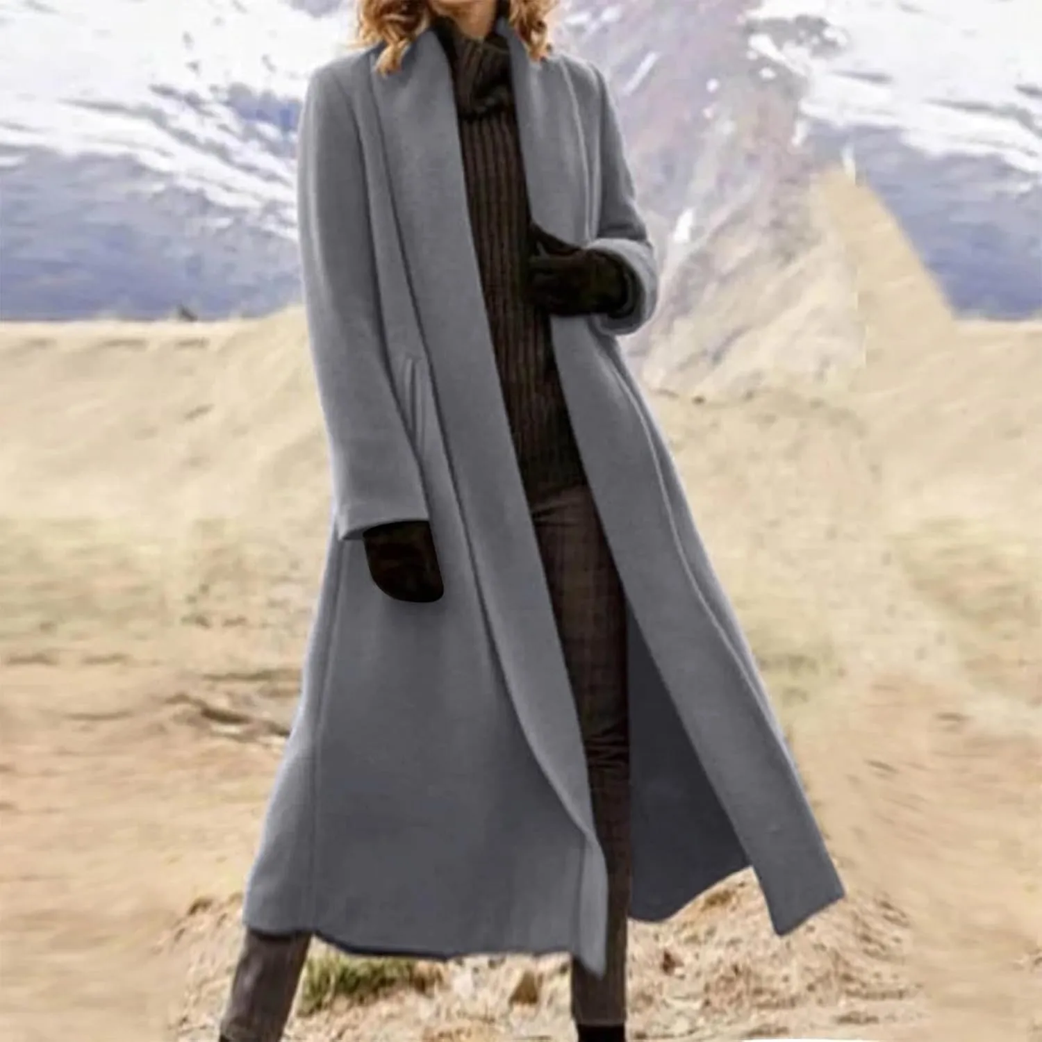 Women's Long Winter Pea Coat Open Front Wool Blend Cardigan Overcoat Loose Lapel Trench Coats Classy Outerwear
