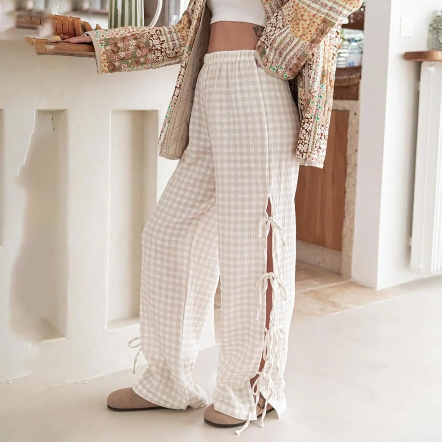 Womens Lounge Bowknot Tie Gingham Pajama Pants Preppy Plaid Sleep Pj Pants Cut Out Side Slit Aesthetic Long Pants