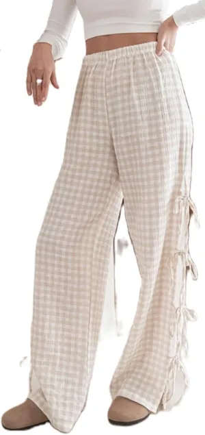 Womens Lounge Bowknot Tie Gingham Pajama Pants Preppy Plaid Sleep Pj Pants Cut Out Side Slit Aesthetic Long Pants