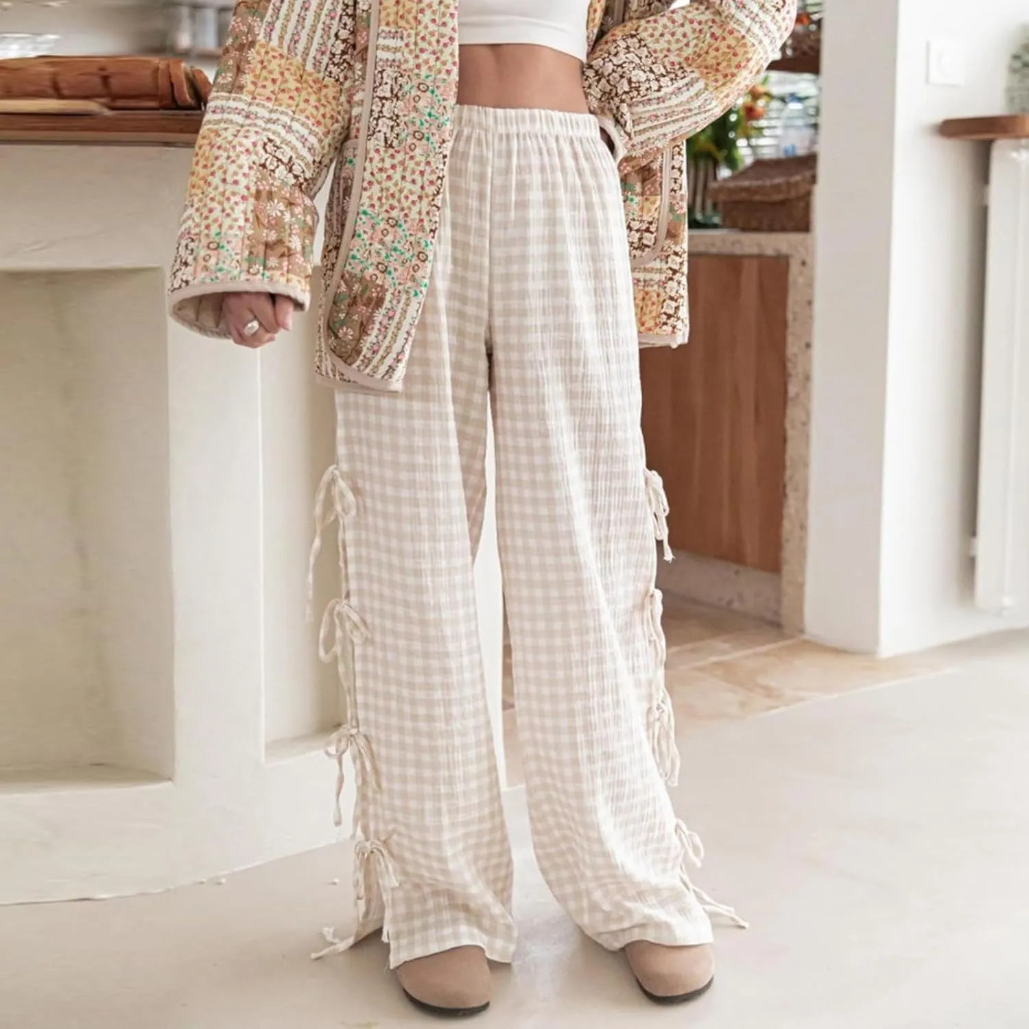Womens Lounge Bowknot Tie Gingham Pajama Pants Preppy Plaid Sleep Pj Pants Cut Out Side Slit Aesthetic Long Pants