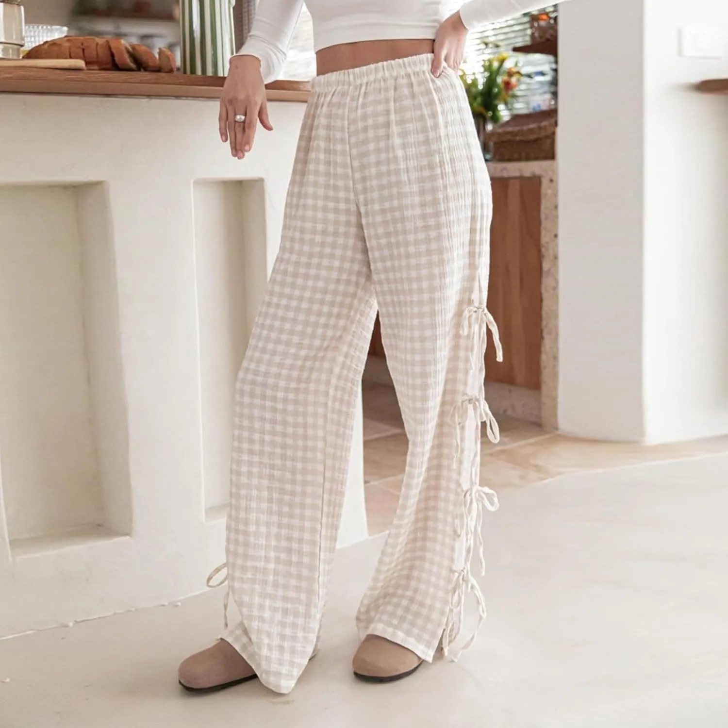 Womens Lounge Bowknot Tie Gingham Pajama Pants Preppy Plaid Sleep Pj Pants Cut Out Side Slit Aesthetic Long Pants