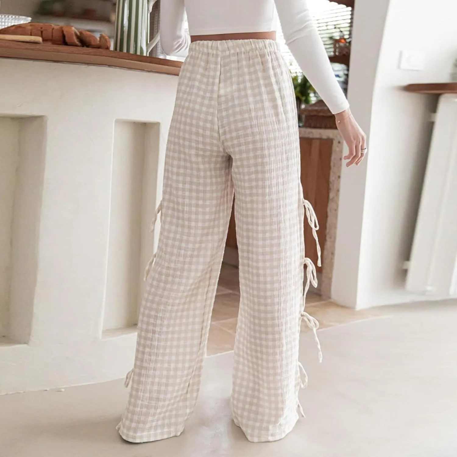 Womens Lounge Bowknot Tie Gingham Pajama Pants Preppy Plaid Sleep Pj Pants Cut Out Side Slit Aesthetic Long Pants