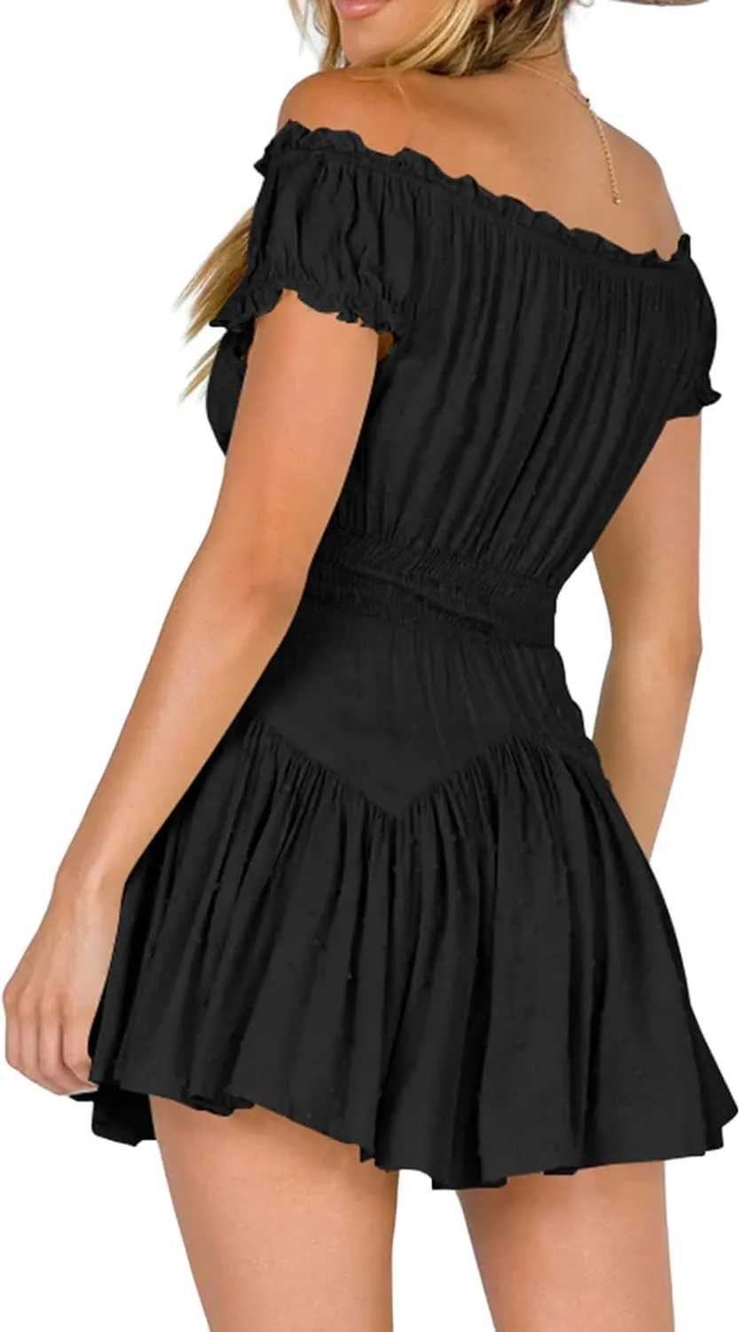 Womens Off Shoulder Ruffle Flowy Mini Short Skater Dresses Short Sleeve Elastic Waist A-Line Casual Summer Dress