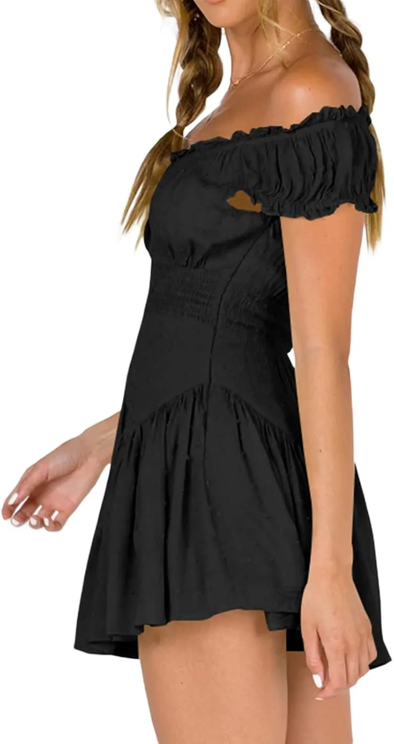 Womens Off Shoulder Ruffle Flowy Mini Short Skater Dresses Short Sleeve Elastic Waist A-Line Casual Summer Dress