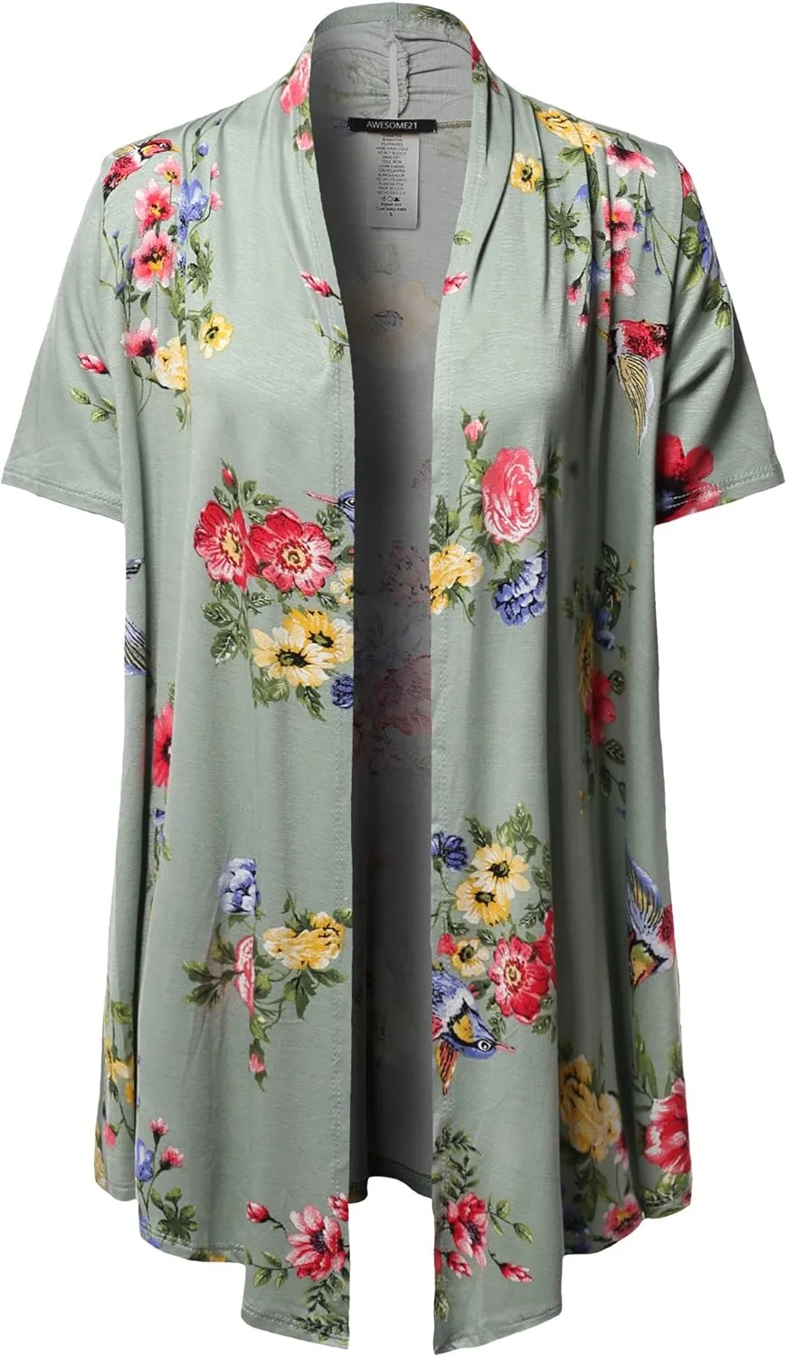 Women's Open Front Short Sleeves Floral Print Cardigan - Made in USA