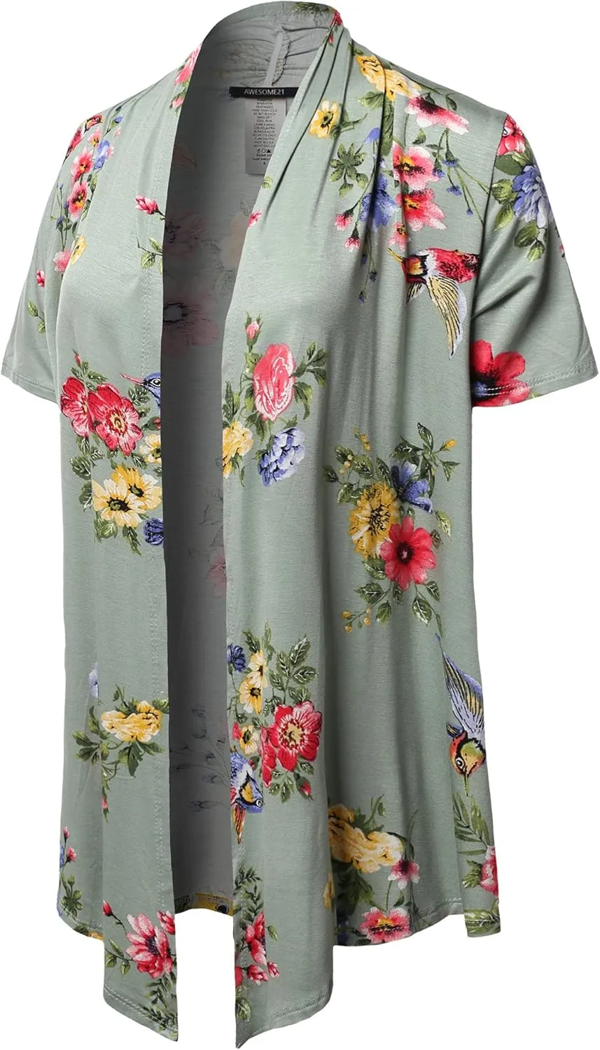 Women's Open Front Short Sleeves Floral Print Cardigan - Made in USA