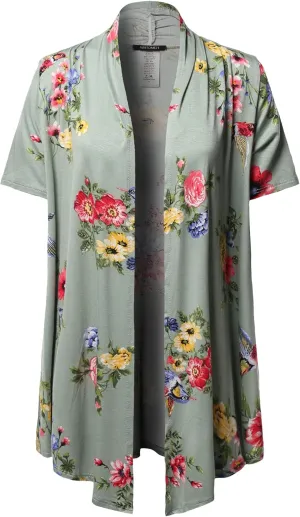 Women's Open Front Short Sleeves Floral Print Cardigan - Made in USA
