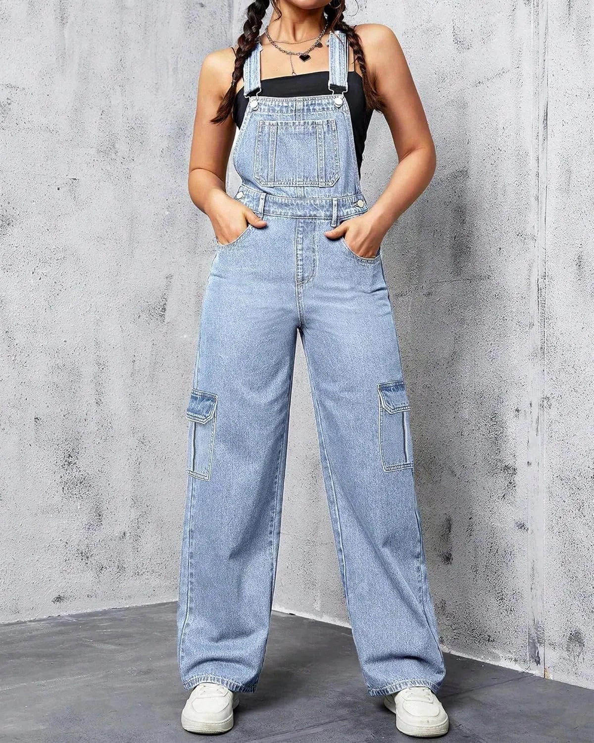Womens Overalls Demin Wide Leg Cargo jumpsuit Loose Fit Bib Baggy Jean Overalls Adjustable Straps for Women.