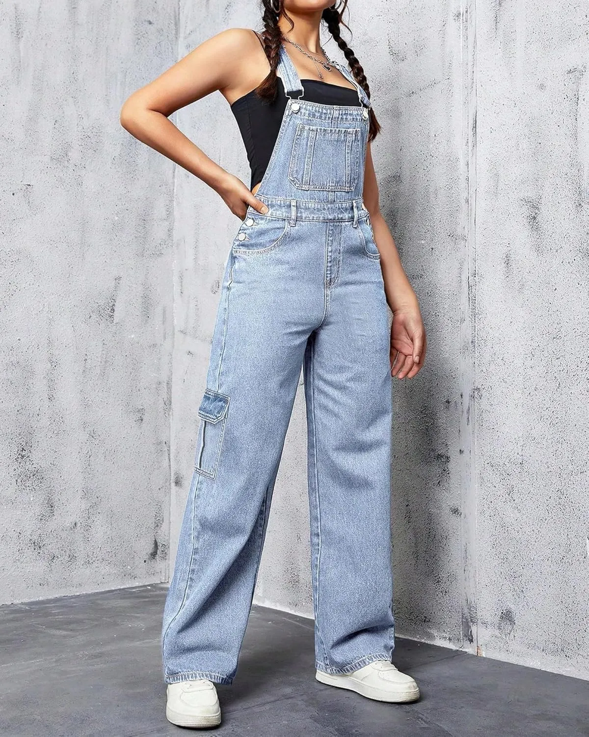 Womens Overalls Demin Wide Leg Cargo jumpsuit Loose Fit Bib Baggy Jean Overalls Adjustable Straps for Women.