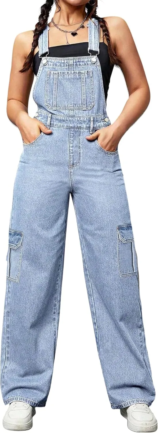 Womens Overalls Demin Wide Leg Cargo jumpsuit Loose Fit Bib Baggy Jean Overalls Adjustable Straps for Women.