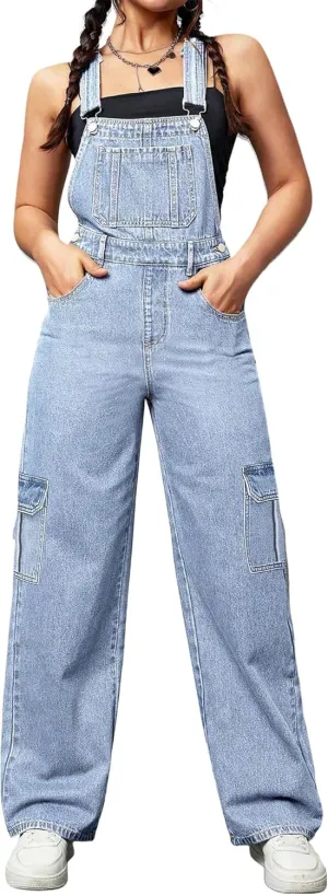 Womens Overalls Demin Wide Leg Cargo jumpsuit Loose Fit Bib Baggy Jean Overalls Adjustable Straps for Women.