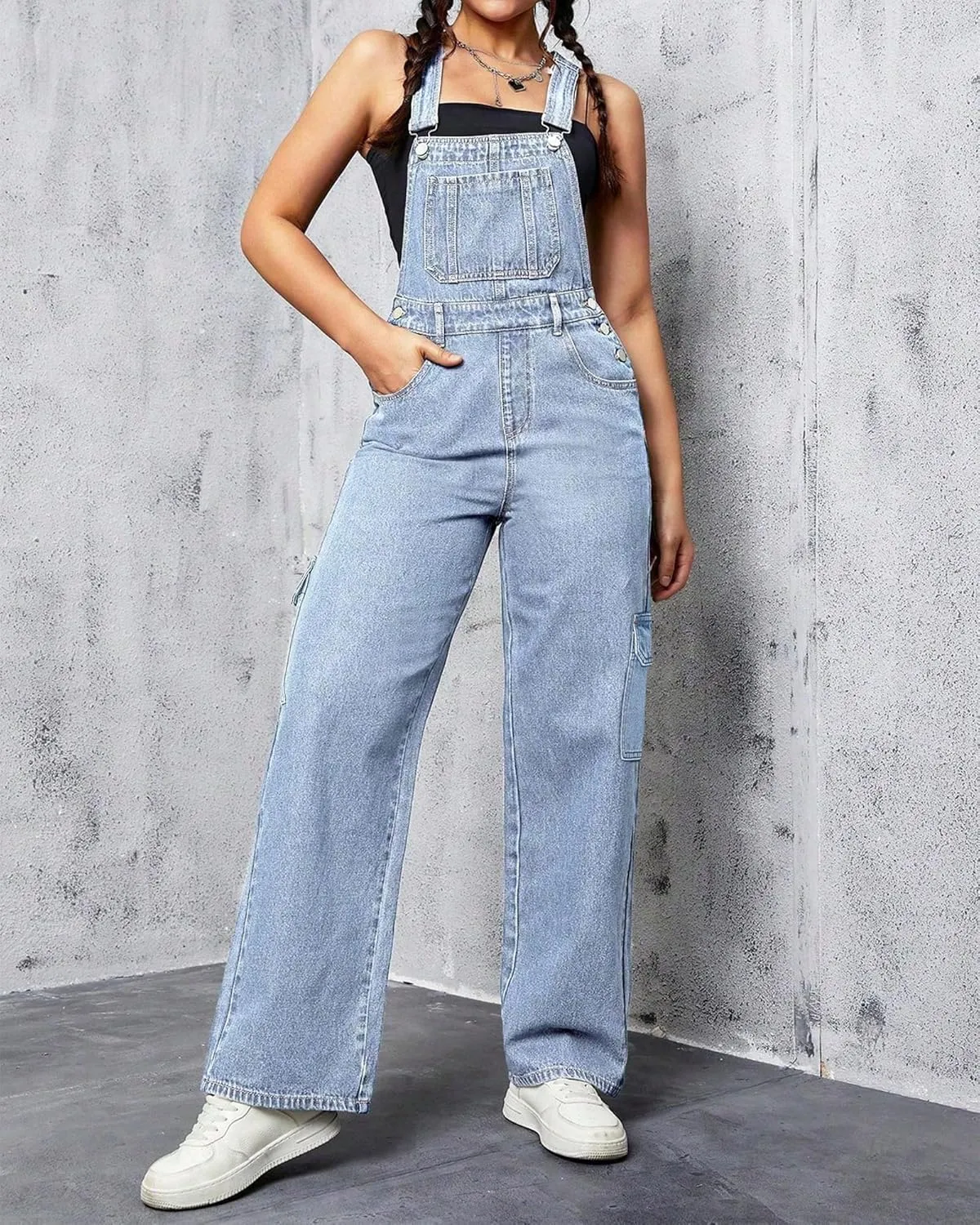 Womens Overalls Demin Wide Leg Cargo jumpsuit Loose Fit Bib Baggy Jean Overalls Adjustable Straps for Women.