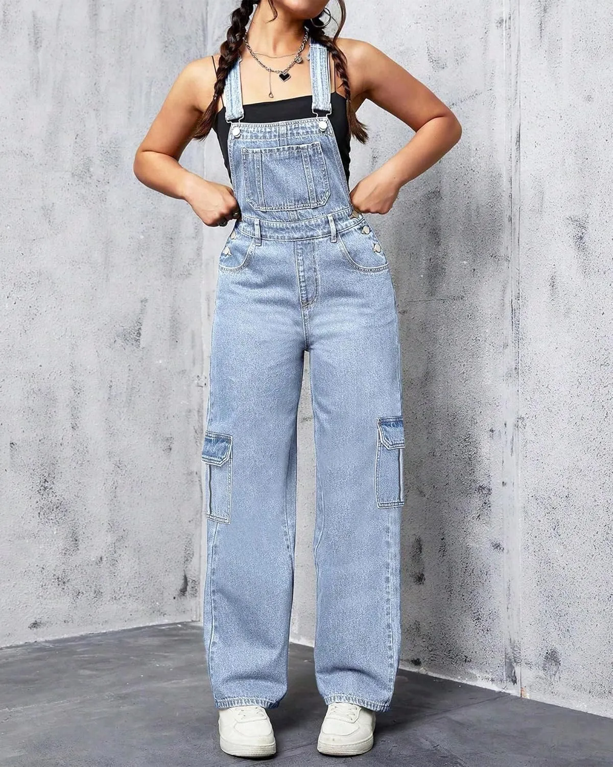 Womens Overalls Demin Wide Leg Cargo jumpsuit Loose Fit Bib Baggy Jean Overalls Adjustable Straps for Women.
