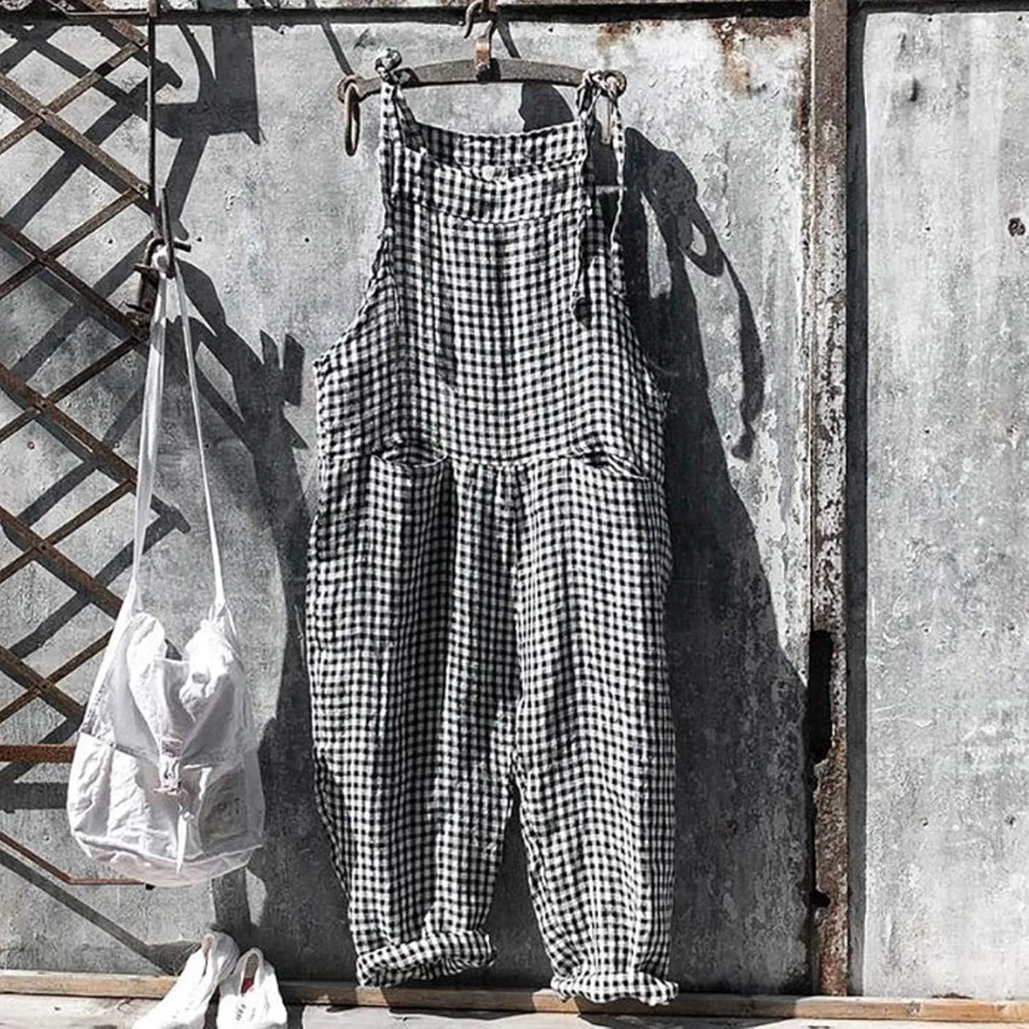 Womens Overalls Loose Fit Casual Stripes Cargo Jumpsuit Sleeveless Rompers Baggy Wide Leg Pants