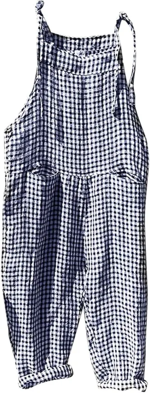 Womens Overalls Loose Fit Casual Stripes Cargo Jumpsuit Sleeveless Rompers Baggy Wide Leg Pants