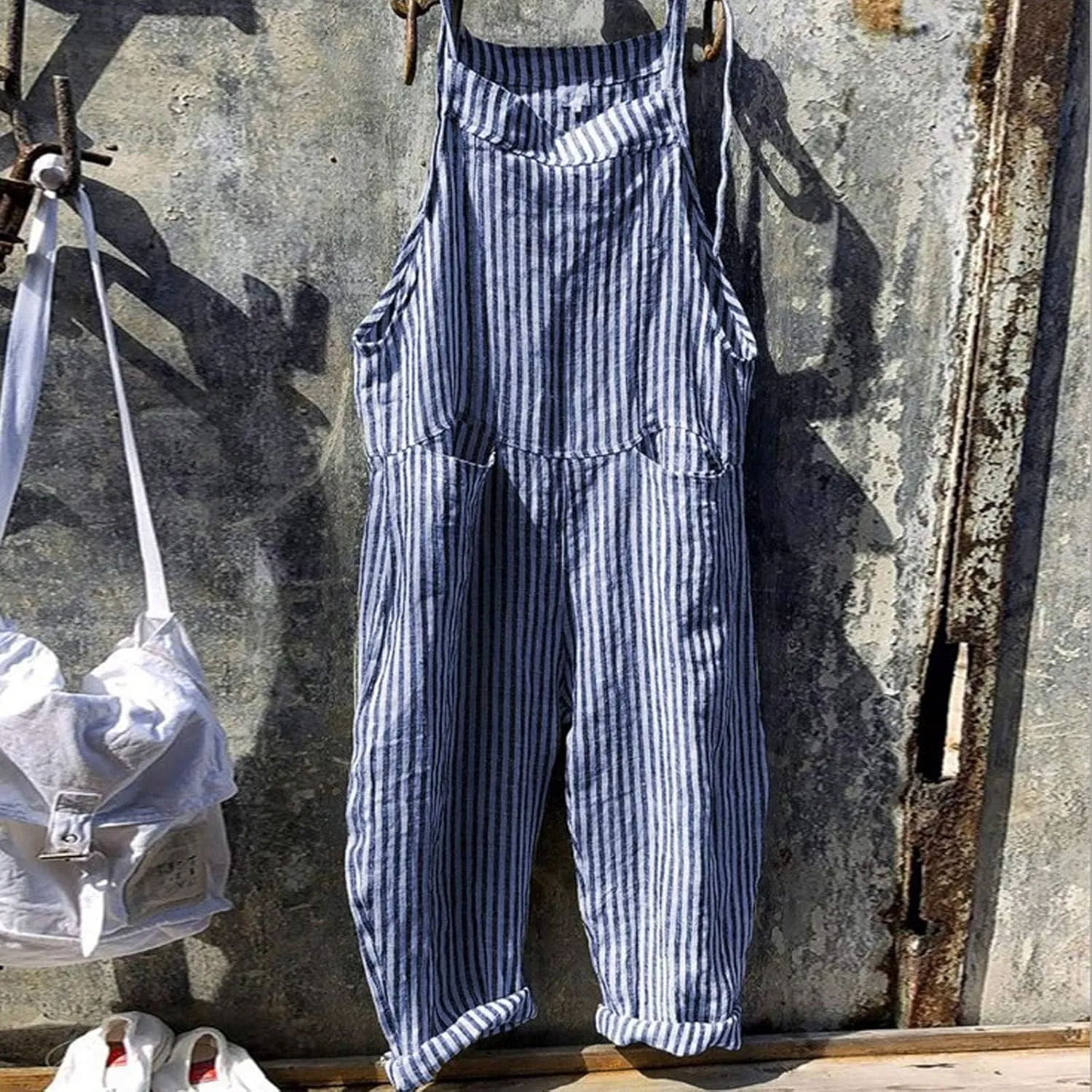 Womens Overalls Loose Fit Casual Stripes Cargo Jumpsuit Sleeveless Rompers Baggy Wide Leg Pants