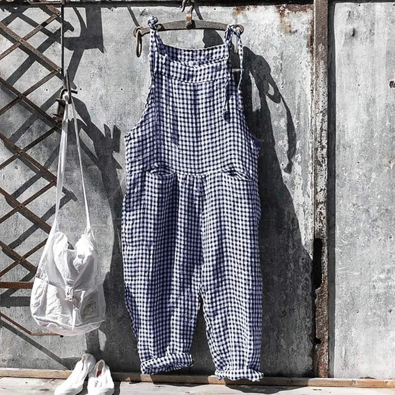 Womens Overalls Loose Fit Casual Stripes Cargo Jumpsuit Sleeveless Rompers Baggy Wide Leg Pants