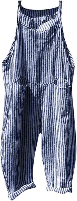 Womens Overalls Loose Fit Casual Stripes Cargo Jumpsuit Sleeveless Rompers Baggy Wide Leg Pants
