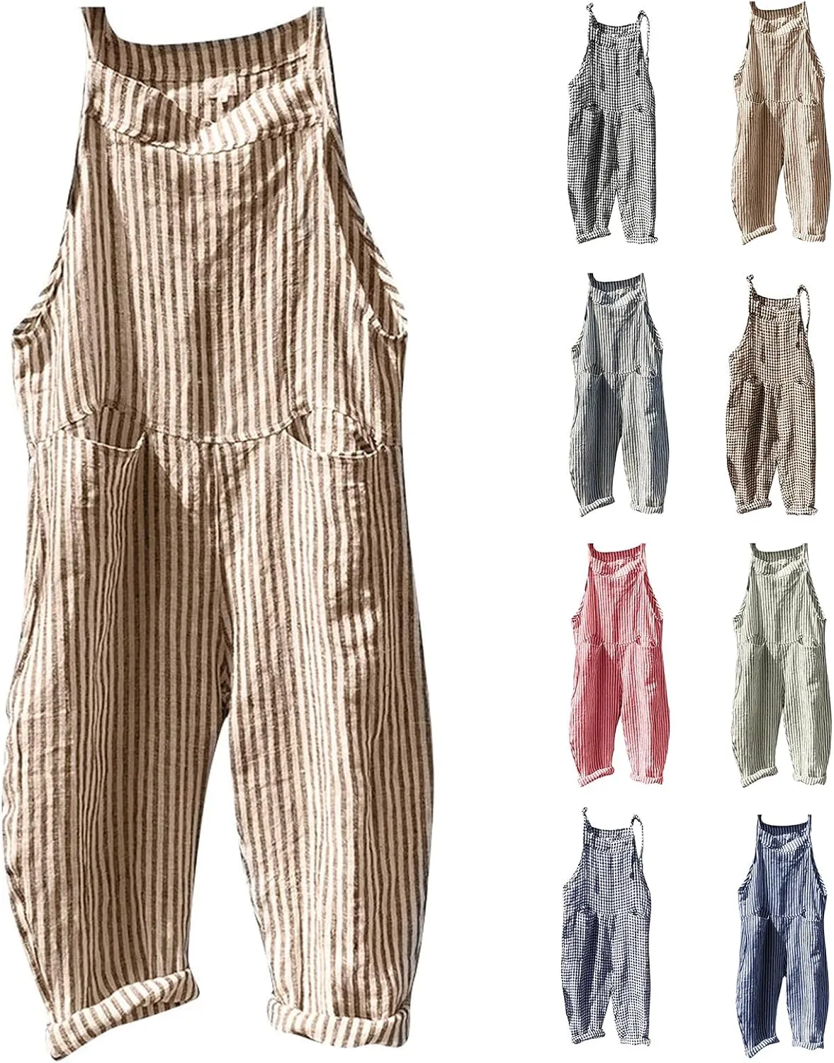 Womens Overalls Loose Fit Casual Stripes Cargo Jumpsuit Sleeveless Rompers Baggy Wide Leg Pants