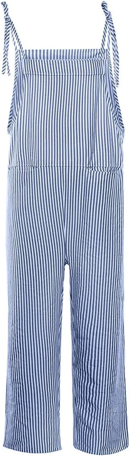 Womens Overalls Loose Fit Casual Stripes Cargo Jumpsuit Sleeveless Rompers Baggy Wide Leg Pants