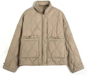 Women's Oversized Quilted Puffer Jacket Stand Collar Zip Up Lightweight Cropped Padded Winter Down Coat with Pockets