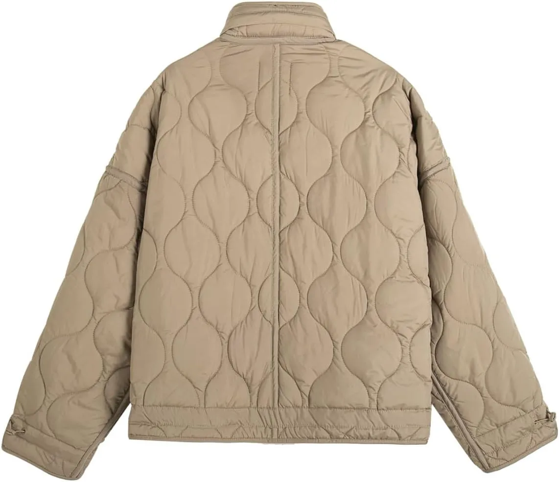 Women's Oversized Quilted Puffer Jacket Stand Collar Zip Up Lightweight Cropped Padded Winter Down Coat with Pockets