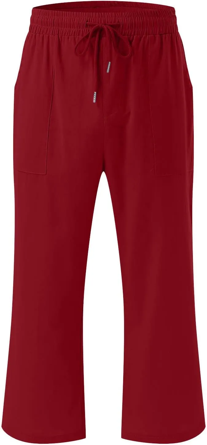 Women's Pants Drawstring Elastic Waist Trousers Slacks Cotton Linen Capri Pants Pull-On Legging Pant Summer Beach Quick Dry