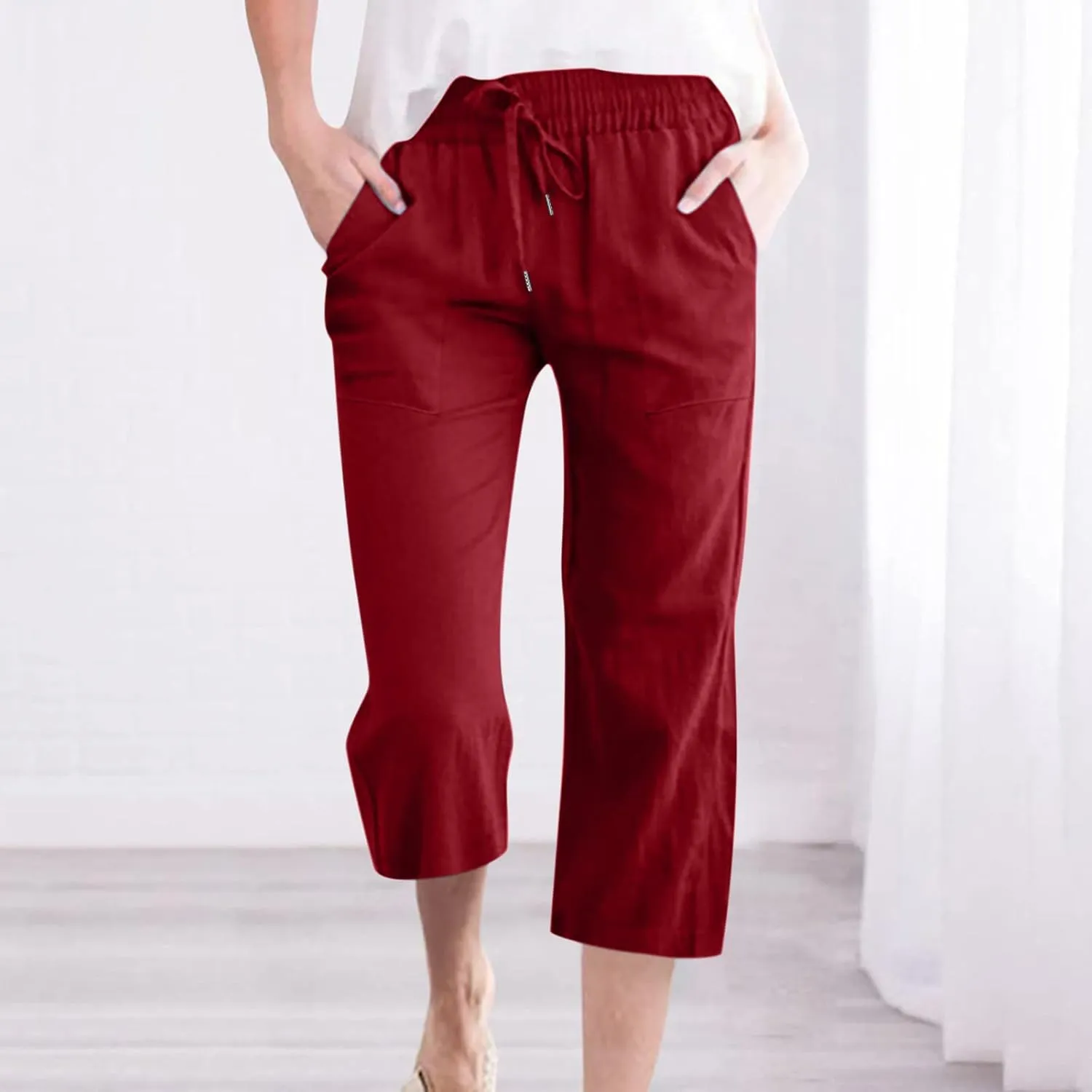 Women's Pants Drawstring Elastic Waist Trousers Slacks Cotton Linen Capri Pants Pull-On Legging Pant Summer Beach Quick Dry