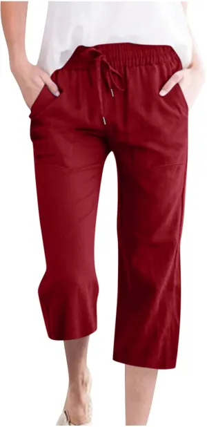 Women's Pants Drawstring Elastic Waist Trousers Slacks Cotton Linen Capri Pants Pull-On Legging Pant Summer Beach Quick Dry