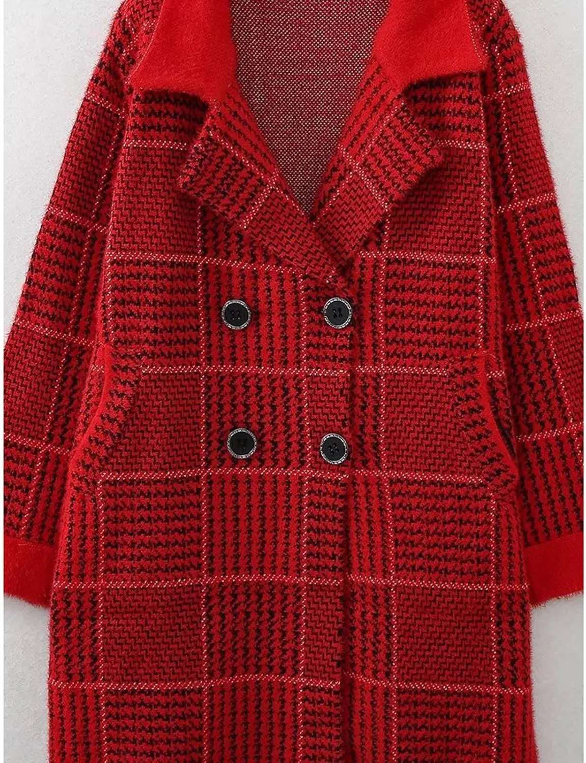 Women's Plaid Knit Coatigan Coats Long Sleeve Casual Lapel Trench Coat Double Breasted Overcoat Outerwear with Pockets