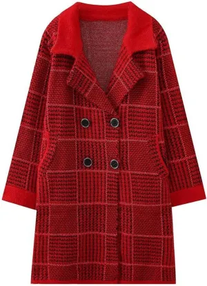 Women's Plaid Knit Coatigan Coats Long Sleeve Casual Lapel Trench Coat Double Breasted Overcoat Outerwear with Pockets