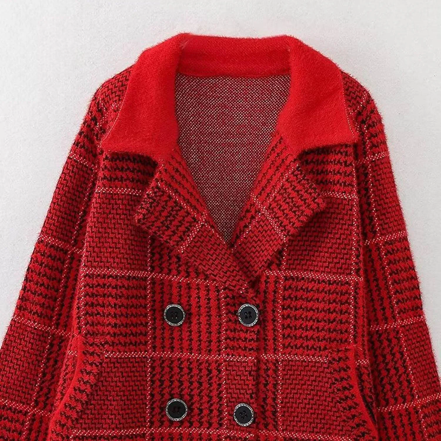 Women's Plaid Knit Coatigan Coats Long Sleeve Casual Lapel Trench Coat Double Breasted Overcoat Outerwear with Pockets
