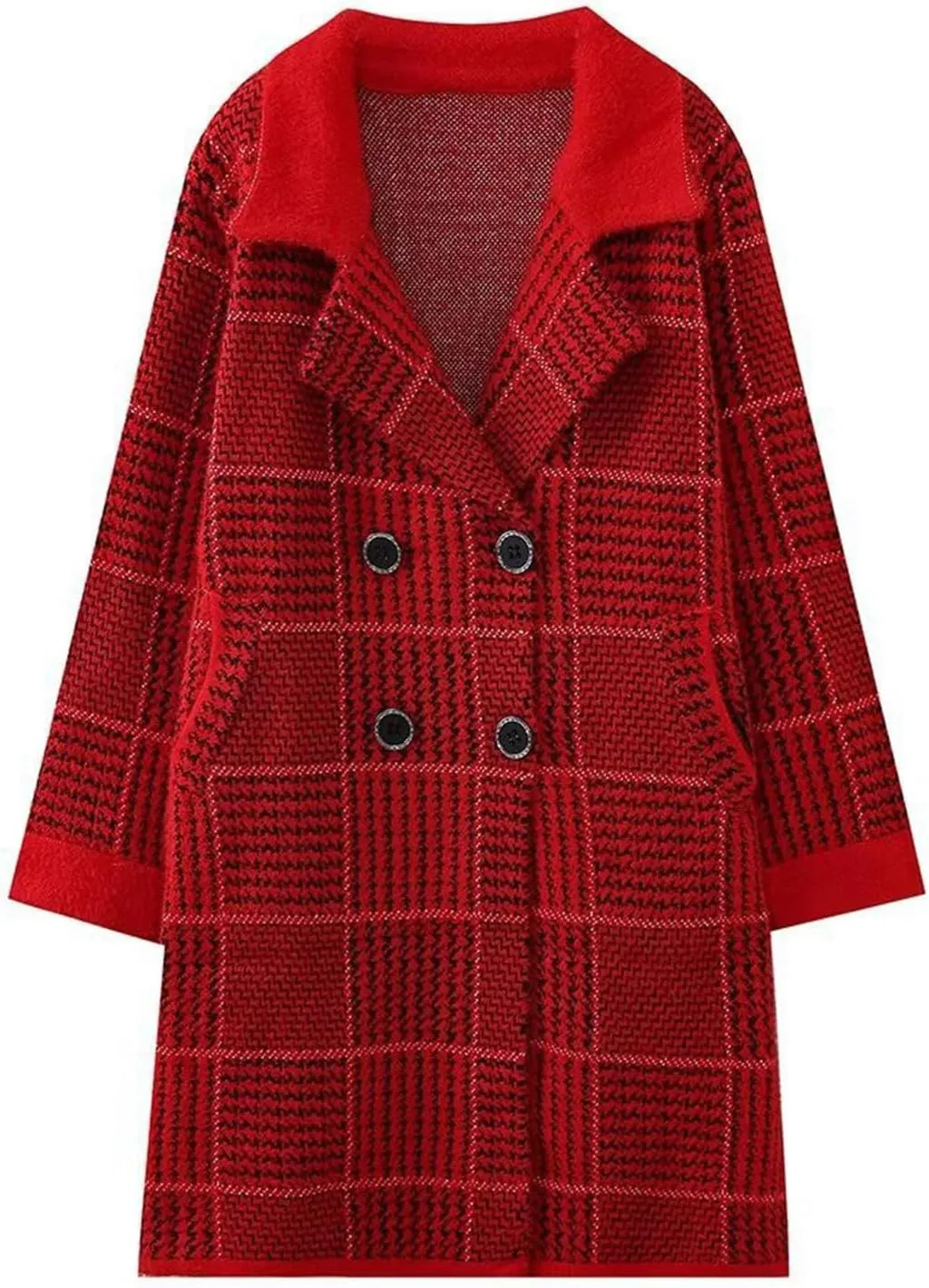 Women's Plaid Knit Coatigan Coats Long Sleeve Casual Lapel Trench Coat Double Breasted Overcoat Outerwear with Pockets
