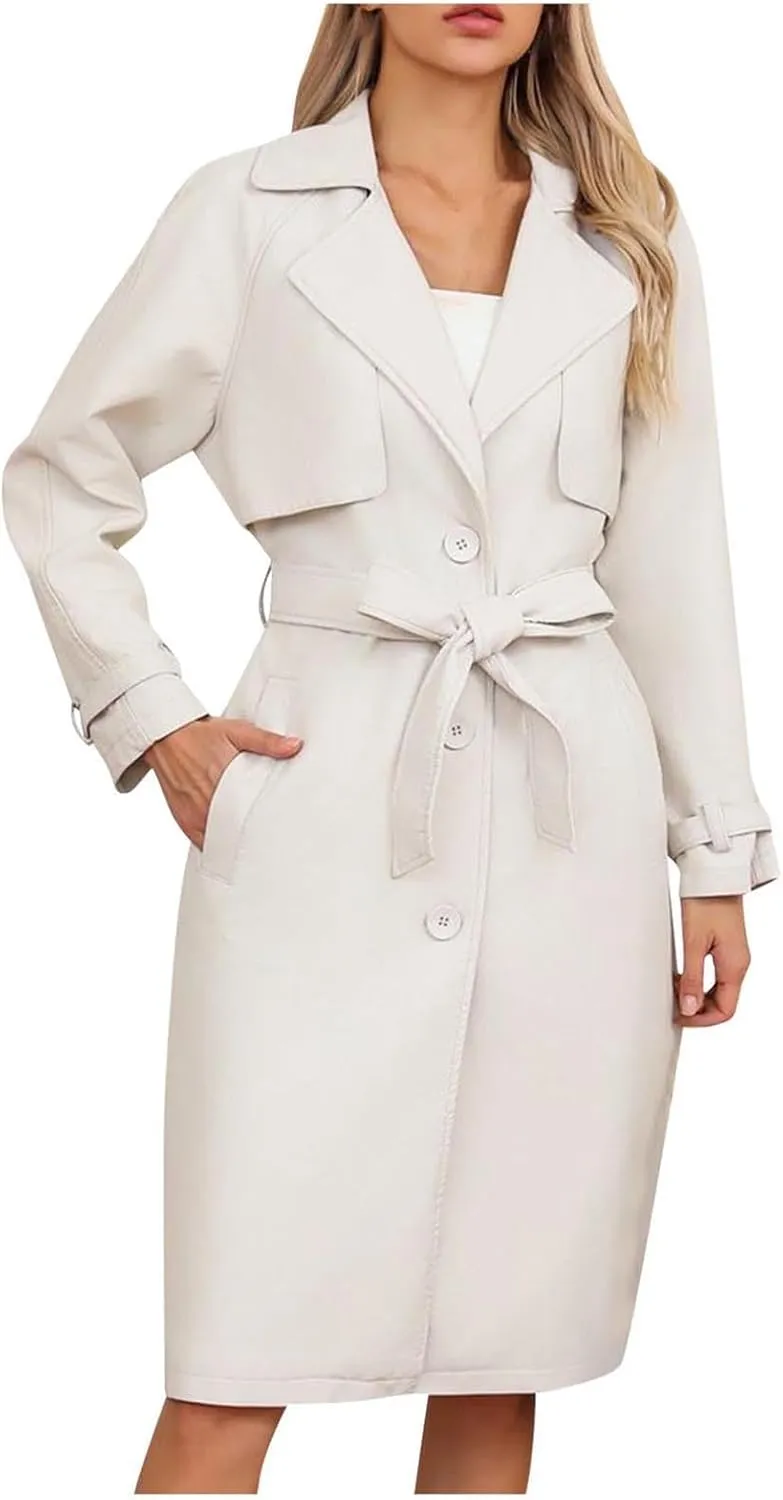 Women's PU Faux Leather Trench Coat Lapel Single Breasted Long Jacket Windproof Overcoat with Belt Fall Winter Clothes