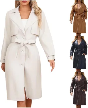 Women's PU Faux Leather Trench Coat Lapel Single Breasted Long Jacket Windproof Overcoat with Belt Fall Winter Clothes