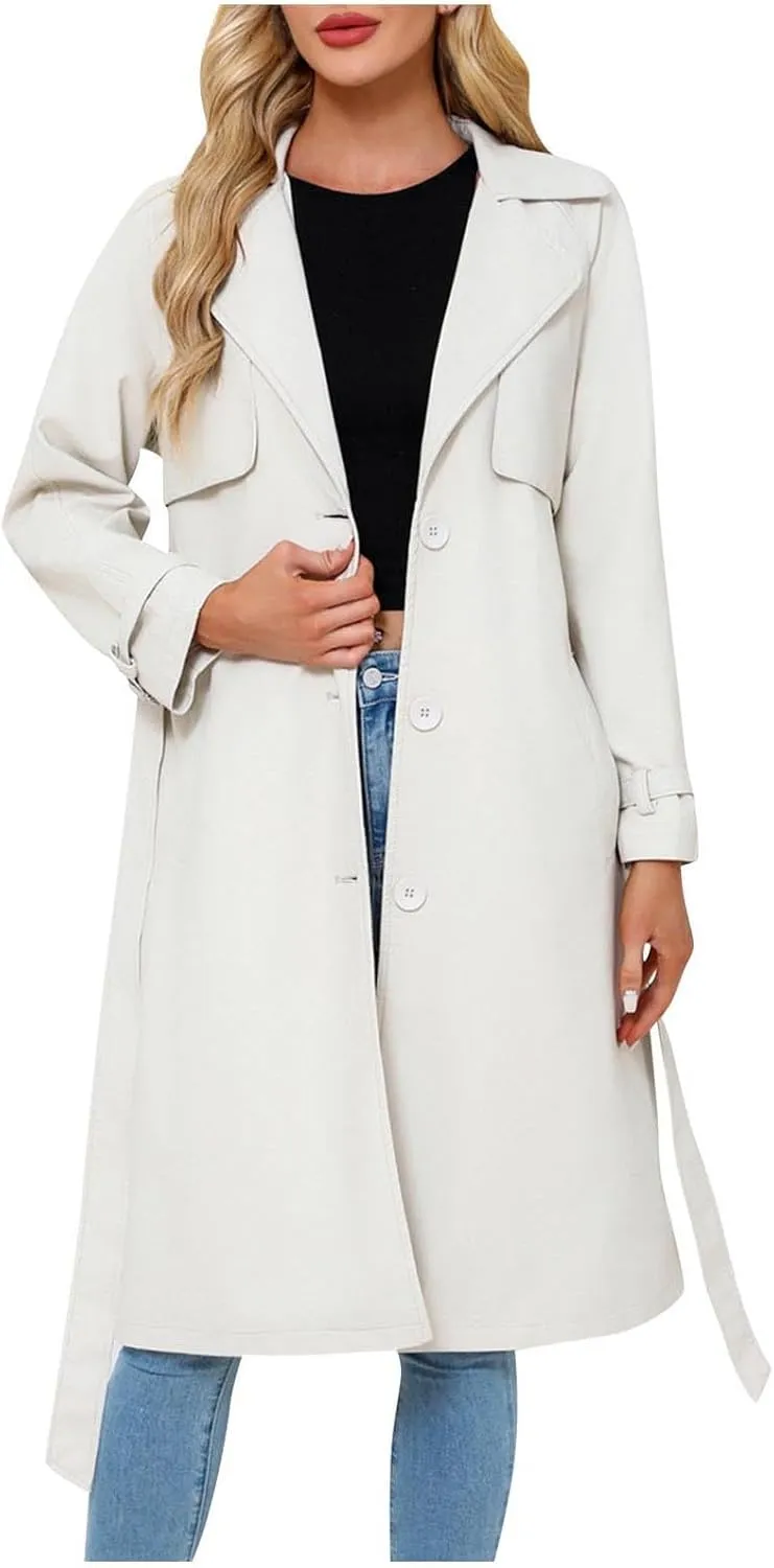 Women's PU Faux Leather Trench Coat Lapel Single Breasted Long Jacket Windproof Overcoat with Belt Fall Winter Clothes