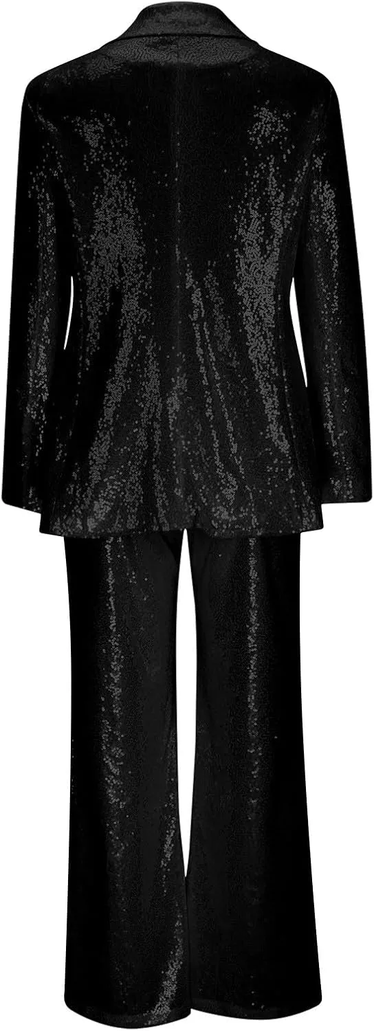 Women's Sequin Blazer Pant Suit Set for Party Night Shiny Slim Fit 2-Piece Outfit Glitter Sparkly Wide Leg Pants Suit