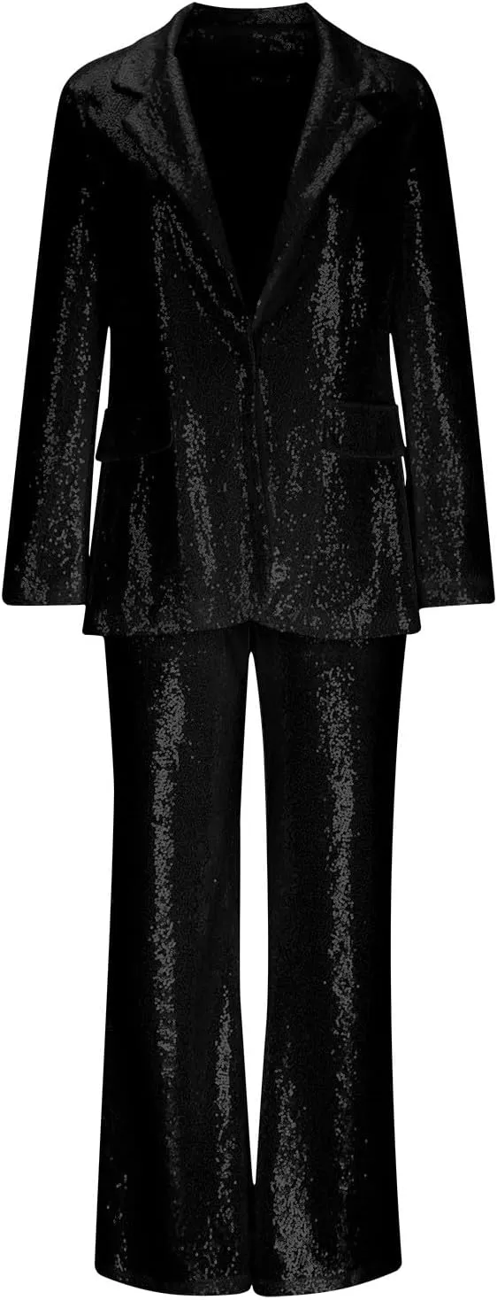 Women's Sequin Blazer Pant Suit Set for Party Night Shiny Slim Fit 2-Piece Outfit Glitter Sparkly Wide Leg Pants Suit