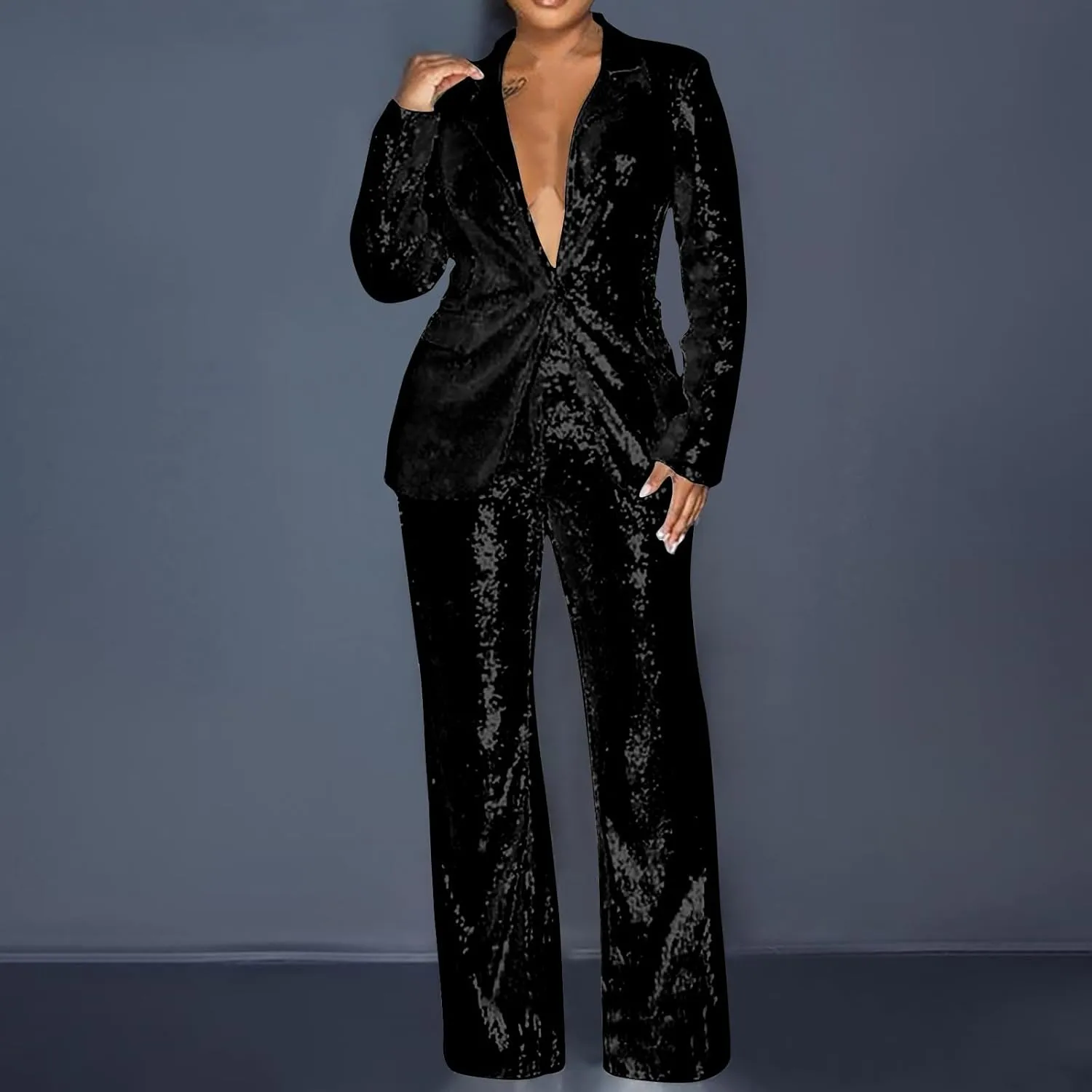 Women's Sequin Blazer Pant Suit Set for Party Night Shiny Slim Fit 2-Piece Outfit Glitter Sparkly Wide Leg Pants Suit