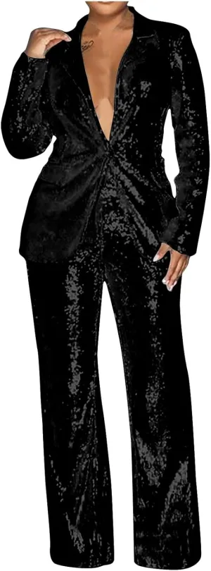 Women's Sequin Blazer Pant Suit Set for Party Night Shiny Slim Fit 2-Piece Outfit Glitter Sparkly Wide Leg Pants Suit