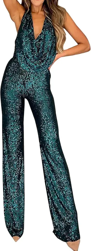 Women's Sexy Halter Cowl Neck Sparkly Jumpsuits Clubwear Sleeveless Elegant Sequins Bodycon Wide Leg Pants Rompers