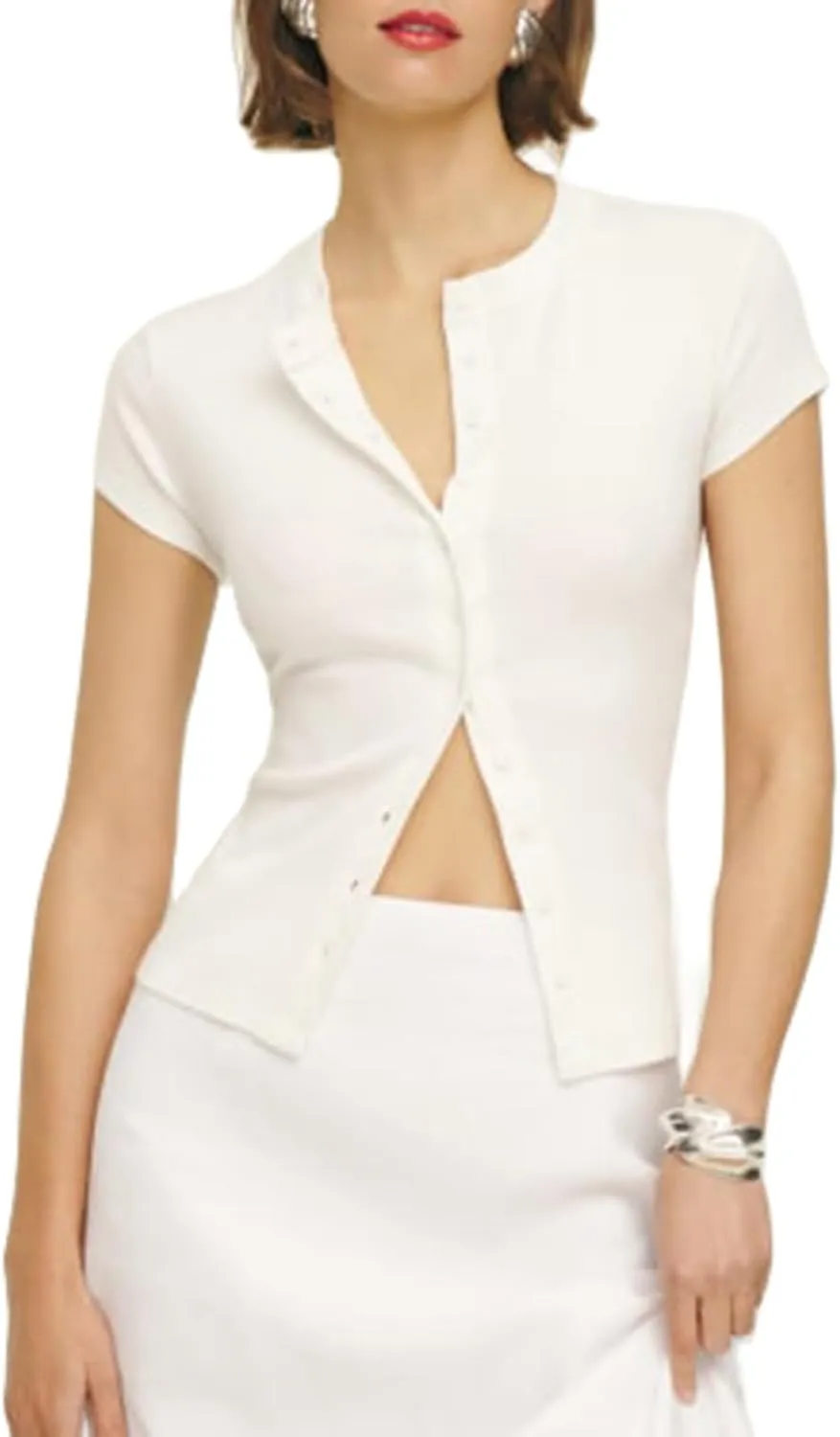 Womens Short Sleeve Button Up Slim Tshirt Crewneck Button Down Ribbed Knit Cardigan Tee Going Out Basic Dressy Tops