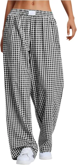 Women's Striped Gingham Boxer Pant Wide Leg Elastic Waist Pajama Lounge Pj Plaid TrousersY2K Beach Bottoms with Pocket