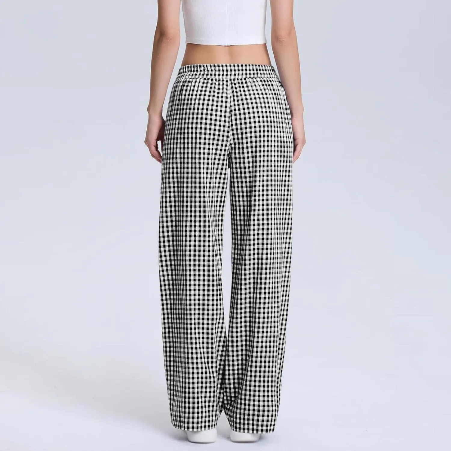 Women's Striped Gingham Boxer Pant Wide Leg Elastic Waist Pajama Lounge Pj Plaid TrousersY2K Beach Bottoms with Pocket